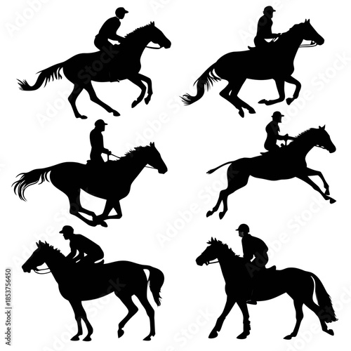 Silhouettes of jockeys riding horses
