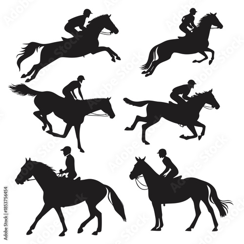 Silhouettes of horses and riders in motion