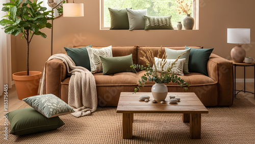 Cozy terracotta corduroy sofa styled with an abundance of lush green and white botanical print throw pillows creating a warm earthy living room aesthetic