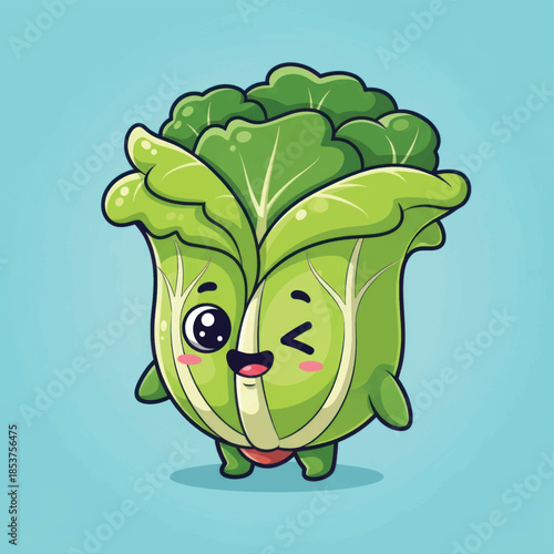 Cheerful cartoon lettuce mascot winking with bright greens and cute expression.