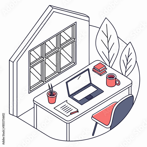 Home office setup with laptop and coffee