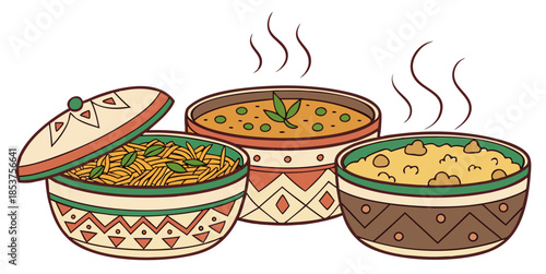 Traditional steaming bowls of delicious food