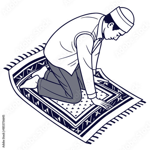 Man performing islamic prayer on prayer rug