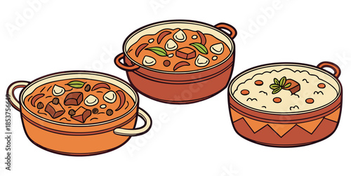 Three clay pots with various foods