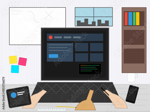 Working on a laptop in a home office with writing tools and colorful sticky notes on a desk during daytime