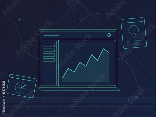 Growing data trends shown on a screen with documents around in a dark space during a digital presentation