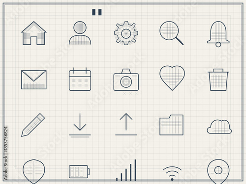 Icons for user interface design featuring home, user, settings, search, notifications, messages, calendar, camera, heart, trash, and more