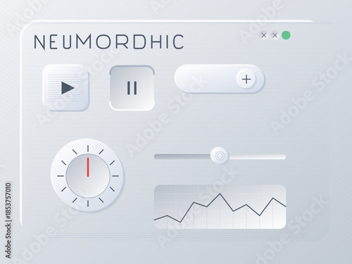 Control panel design shows play, pause, and volume settings along with a slider and activity graph in a digital interface