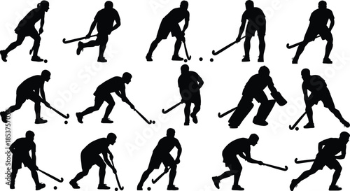 Field hockey player silhouette set, stick ball sport action poses, athletes movement collection, black vector illustration, isolated competitive sports icons