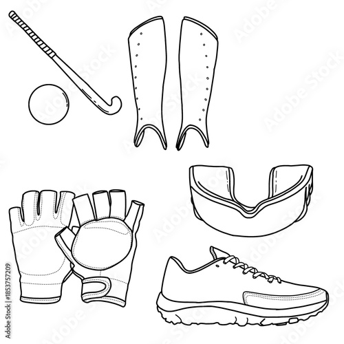 Illustration of essential field hockey gear, including a stick, ball, shin guards, gloves, mouthguard, and athletic shoe, showcasing the necessary equipment for the sport. Vector illustration.