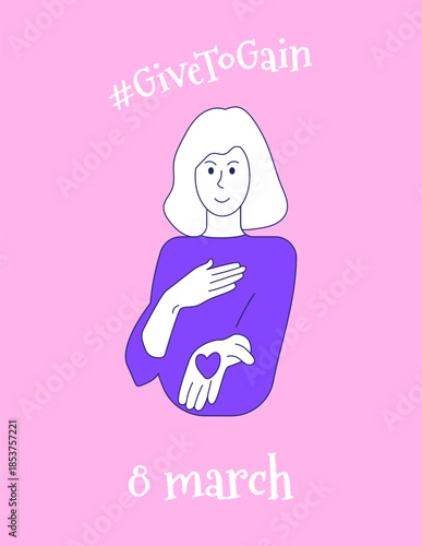 A woman holding a heart in her hands to donate and celebrate Women's Day. This image symbolizes charity, empowerment, solidarity and gender equality