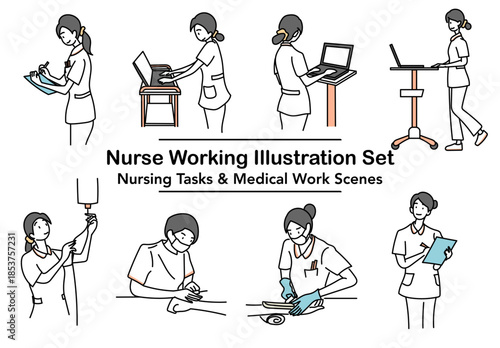 看護師が医療現場でさまざまな業務を行う様子を描いたイラストセット｜記録や点滴や処置など看護業務を分かりやすくまとめた医療シーン集