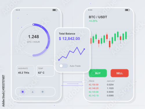 Data display for cryptocurrency trading and mining on a mobile device showing Bitcoin and USDT performance with balance information