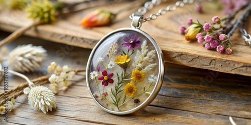 Beautiful Handcrafted Pendant with Dried Flowers on Wooden Background