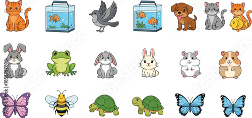 Set of cute cartoon pets and animals including cats dogs rabbits and insects vector illustration isolated on white background