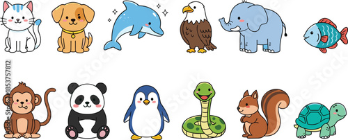 Set of cute cartoon vector animals including cat dog panda and elephant isolated on white background for children education