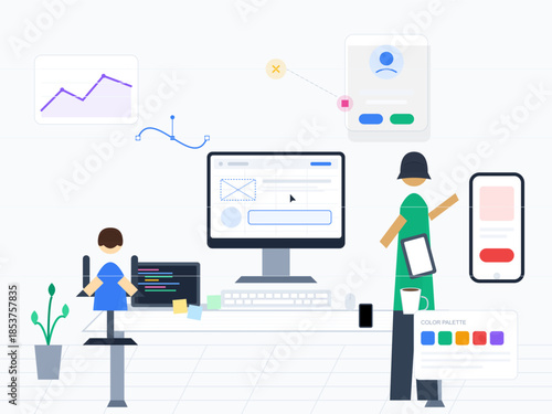 Design and development work at a modern desk in a bright room with a child nearby and various digital tools on display