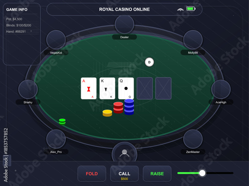 Online poker game with cards and chips on a digital table in a virtual casino setting