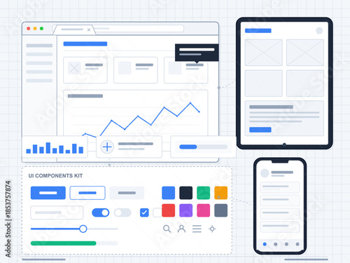 User interface design tools for web and mobile applications displayed on screen with graphs and color options