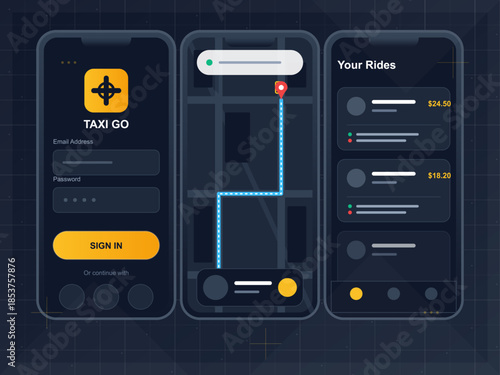 Taxi Go app shows user interface for booking rides and tracking routes in real-time on a mobile device