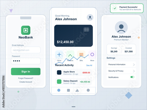 User views account balance and transaction details on a mobile banking application interface during a morning routine