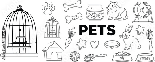 Vector collection of black line art pet doodles featuring animals, cages, food and grooming tools isolated on white background