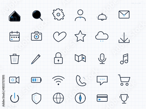 Simple icons representing various functions and activities laid out on a grid background with clear lines and symbols