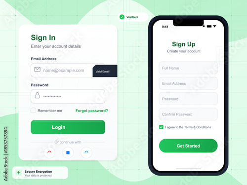 User interface displayed on two mobile screens for sign in and sign up processes with forms for email and password