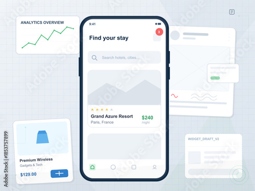 Mobile application displays hotel options and analytics overview in a digital layout