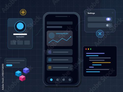 Mobile app interface design with user settings and data visualization elements shown in a digital workspace