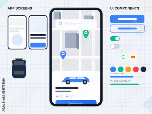 Display of mobile app screens for vehicle tracking and system load management during user testing phase