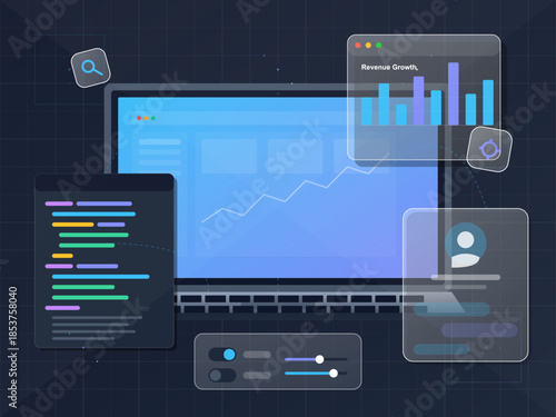 Data analysis tool showing trends and metrics on a laptop screen with charts and code snippets displayed