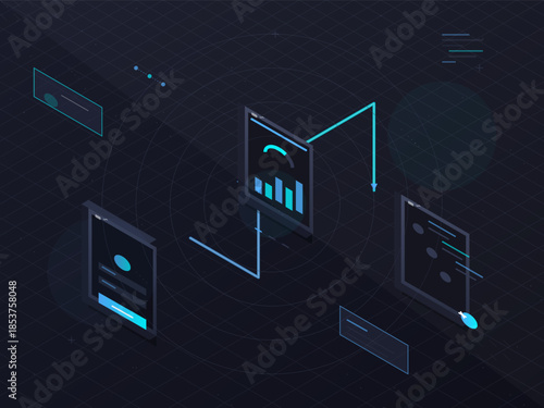 Graphs and data flow visualized on screens in a digital workspace during daytime