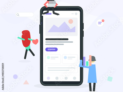 People interacting with a large mobile phone while using a digital interface for various tasks in a bright and simple environment