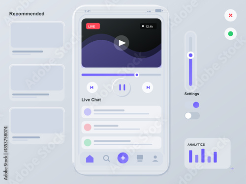 User interface design for a live streaming app with chat feature and analytics tools
