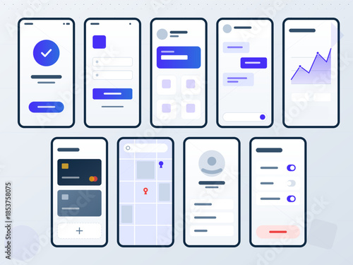 User interface screens display different app features and design elements for mobile devices