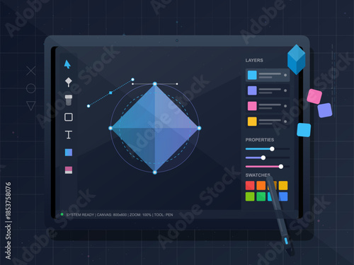 Digital design work on tablet featuring geometric shapes and color selection tools