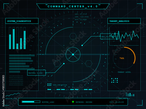 Control panel showing system diagnostics and target analysis in a futuristic command center