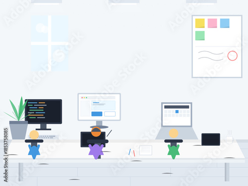 People working at desks in a modern office space with computers and plants during a typical workday