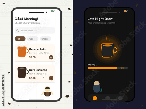 Choose your favorite coffee and track your order with a mobile app showcasing different brews and a brewing progress indicator