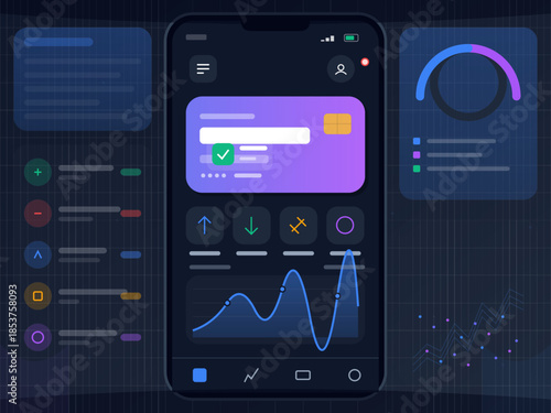 Modern mobile interface displaying data analytics and user interaction features in a dark theme design