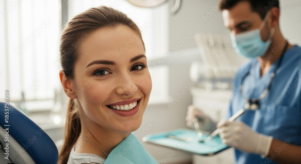 Fototapeta premium Young woman smiling while sitting in dental chair during check-up 