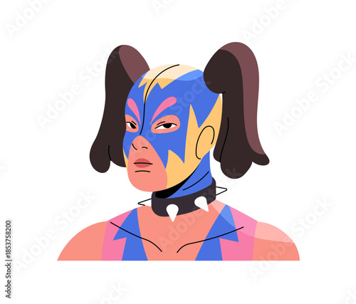 Woman luchador in mask and spiked collar. Portrait of lucha libre wrestler in costume for fight show. Mexican girl no rules wrestling fighter. Flat isolated vector illustration on white background