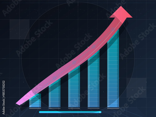 Growth chart shows upward trend over time with bars increasing in height and a line indicating a rise in data points