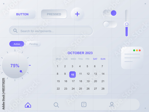 Calendar interface for October 2023 with various buttons and components in a digital layout