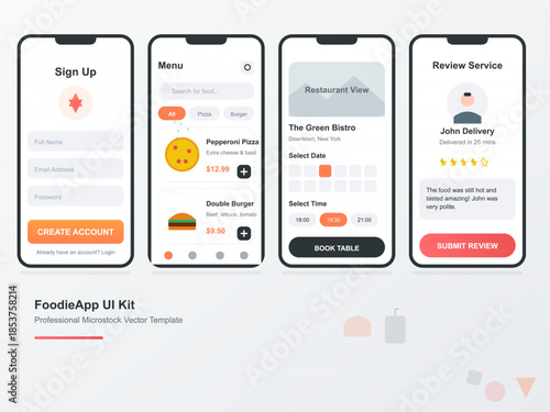 Food delivery app interface showcasing sign up, menu, reservation, and review options for users