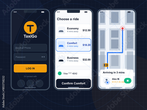 User interacts with taxi booking app showing ride options and navigation map for quick transport