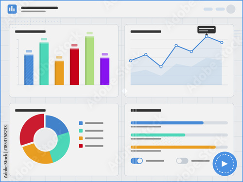 Data dashboard displays charts and graphs showing performance metrics over a specific time period in a modern workspace setting