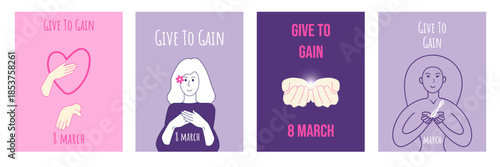 The poster "Give to receive" with the image of hands, heart, light, female silhouette, dedicated to the celebration of March 8 and expressing solidarity. The concept of generosity and empowerment