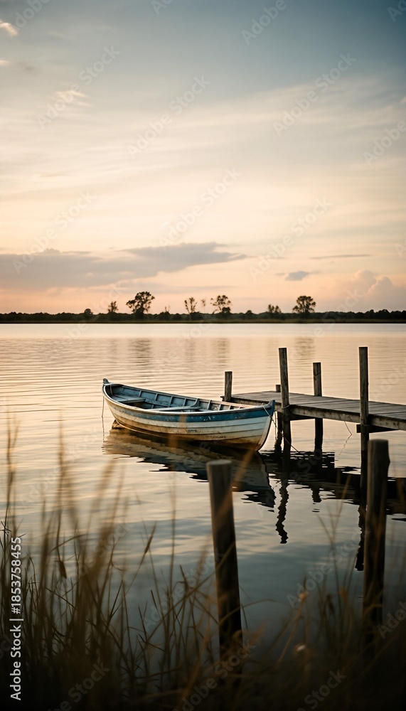 Fototapeta premium Old wooden boat gently floats by a wooden dock on a serene lake at sunset, reflecting the warm colors of the sky and distant trees.